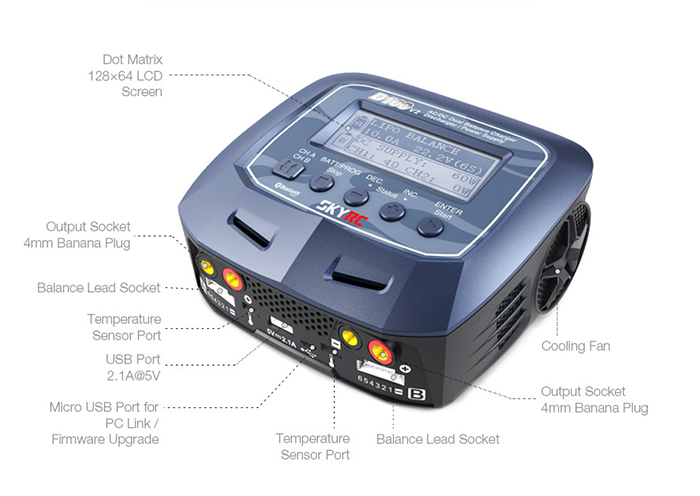 Caricabtterie dual Skyrc d100 v2 AC DC 100w 10A 2